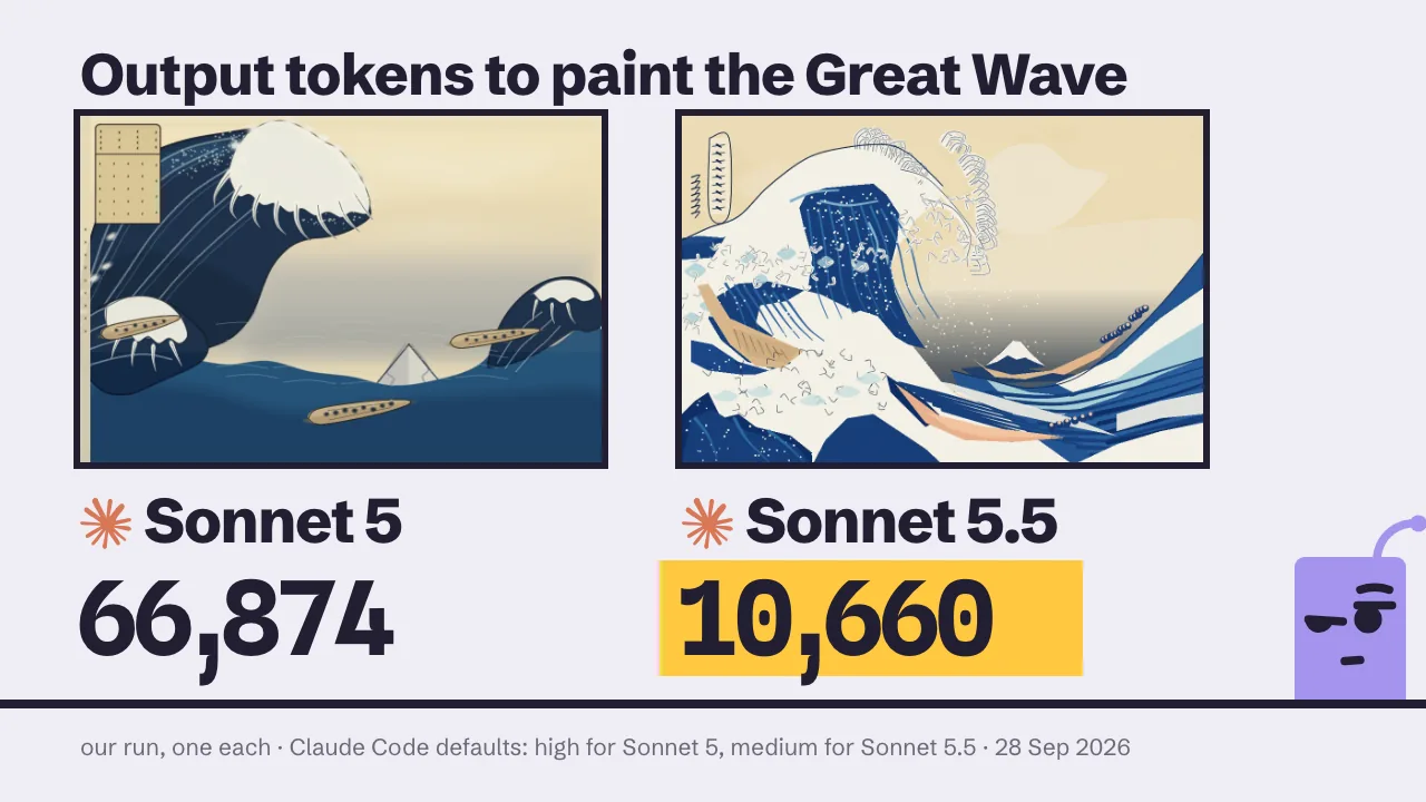 Two Great Wave paintings side by side with their output-token counts, Sonnet 5 and Sonnet 5.5, and BB on the axis under them
